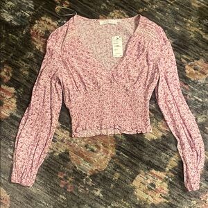 Pink Puff Sleeve Crop Blouse with Ruched Details